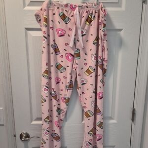 Bobbie Brooks Pink Pajama Pants with Coffee Cups and Hearts Print